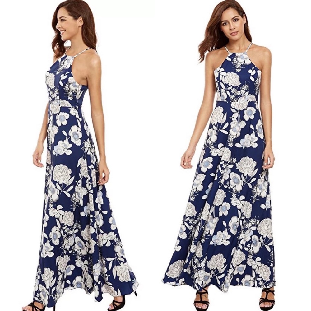 Mock Halter Blue and White Floral Maxi Dress - Picture 5 of 7